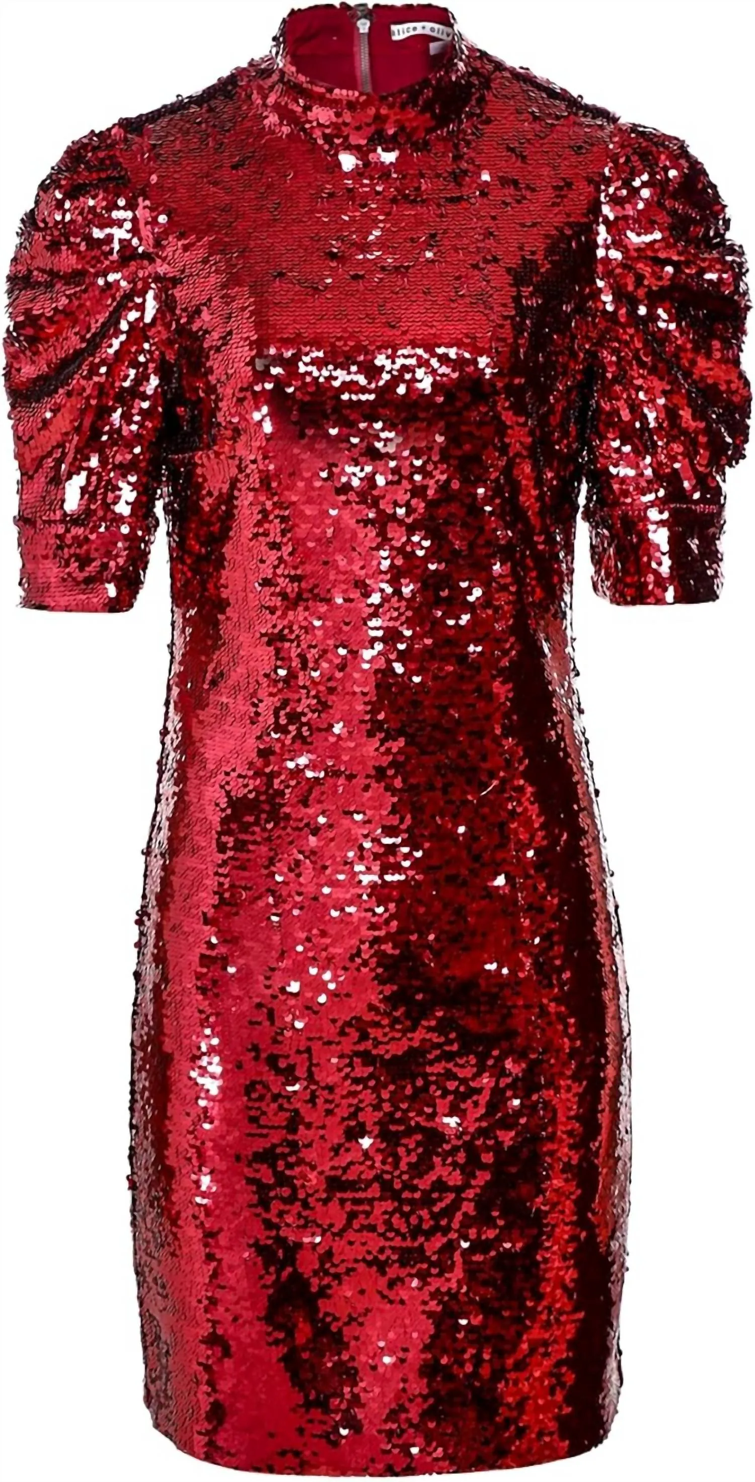 Alice   Olivia - Brenna Sequin Fitted Puff Sleeve Dress red