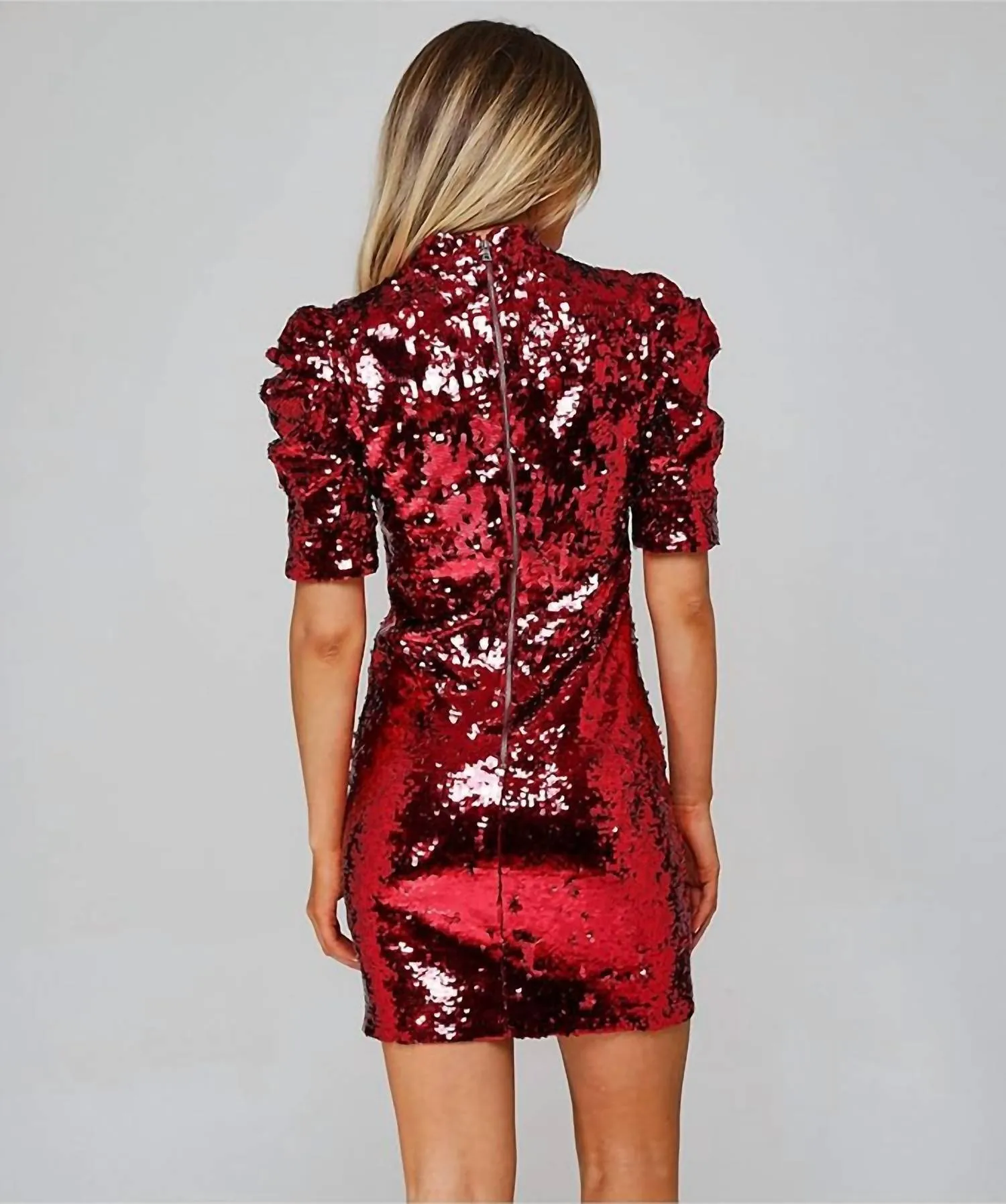Alice   Olivia - Brenna Sequin Fitted Puff Sleeve Dress red