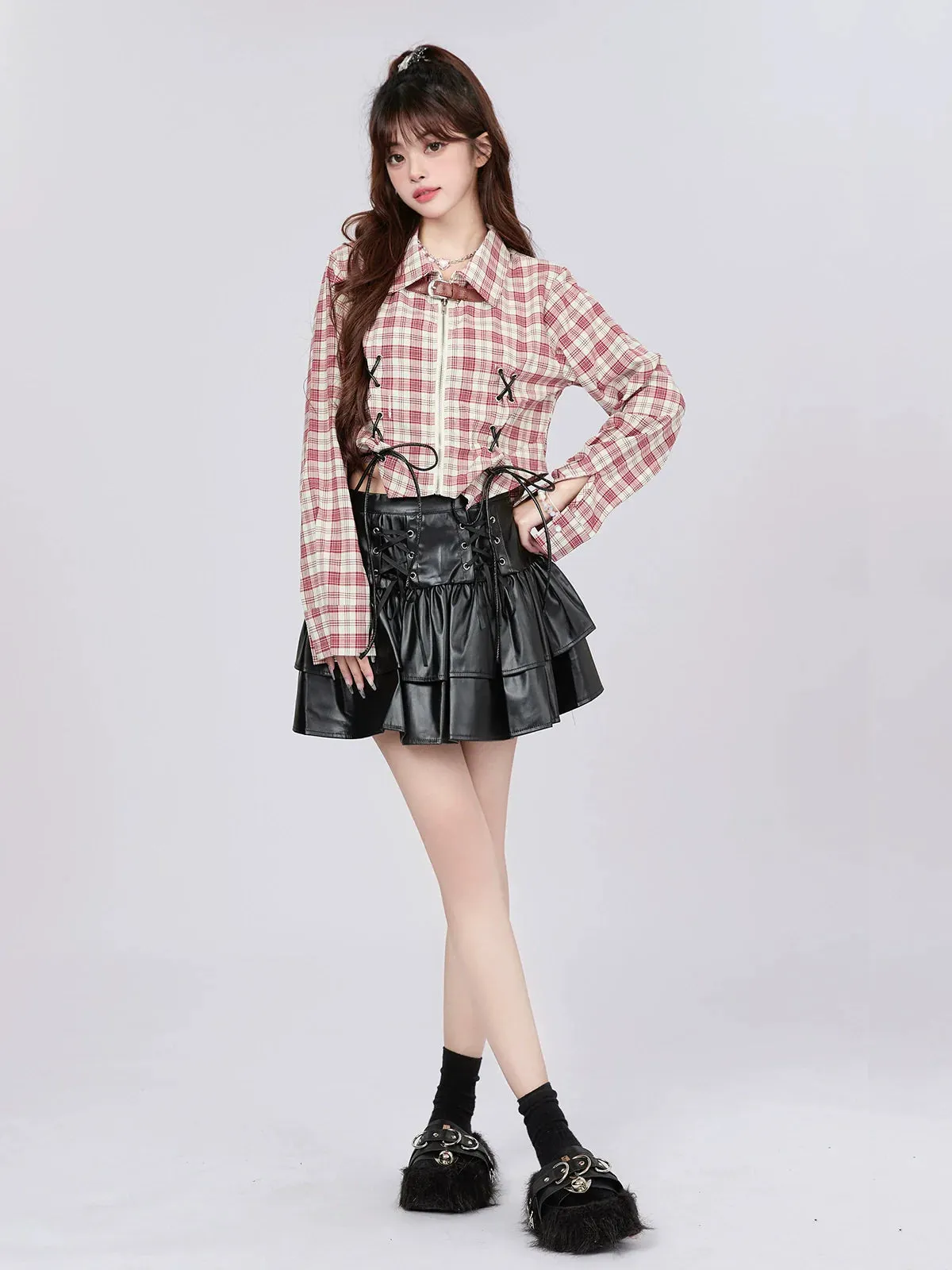 American Check Design Short Shirt Retro Strap