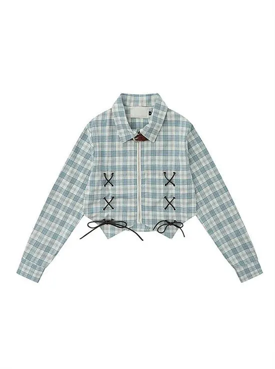 American Check Design Short Shirt Retro Strap