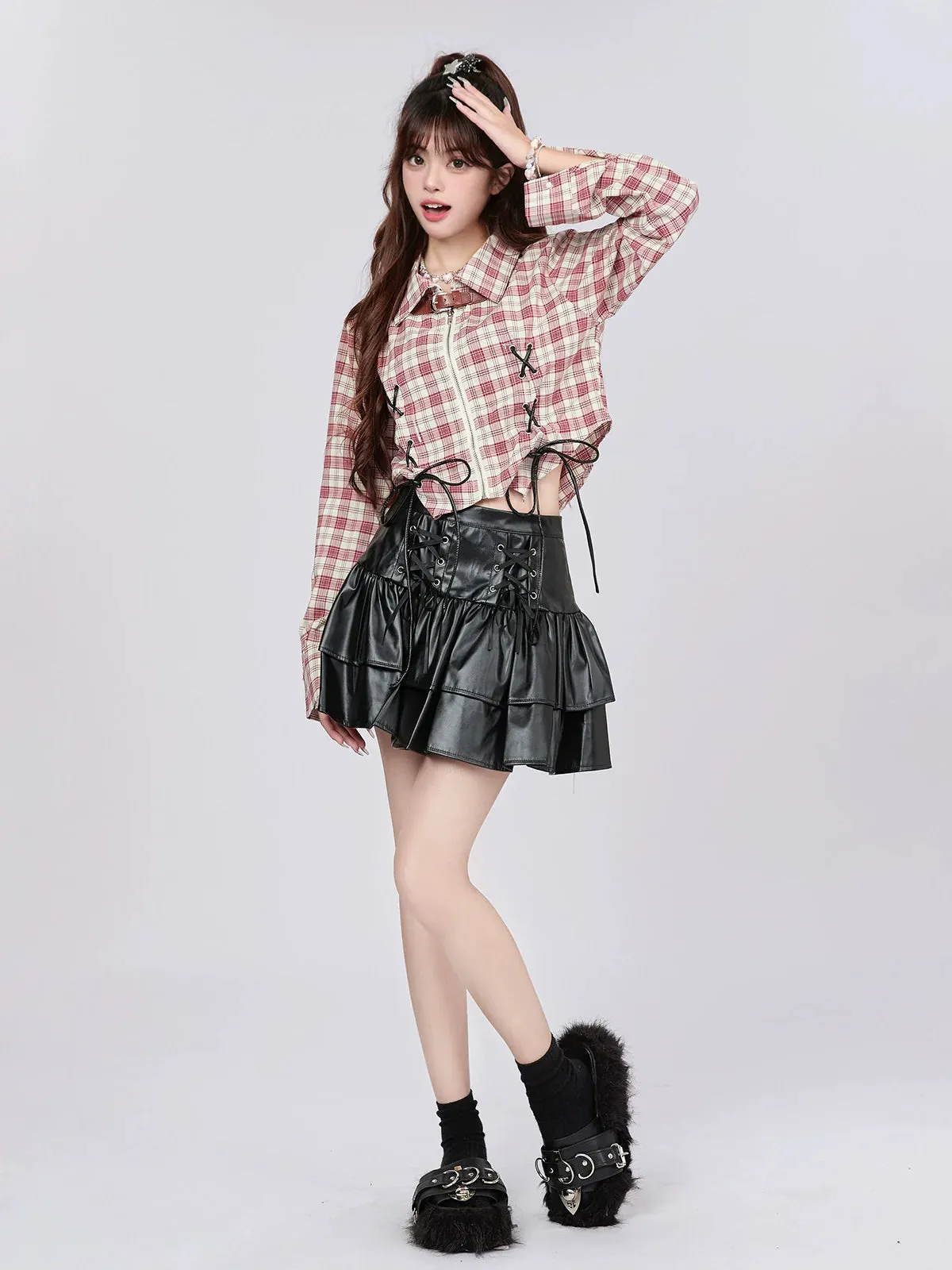 American Check Design Short Shirt Retro Strap