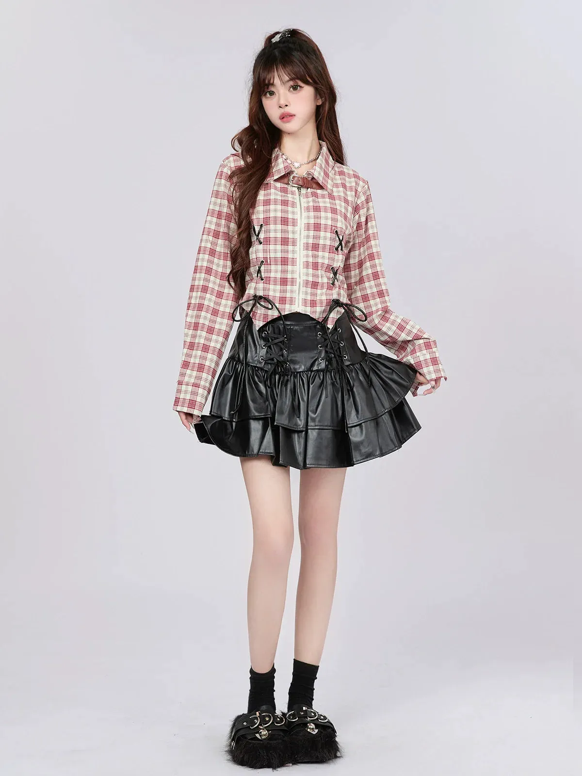 American Check Design Short Shirt Retro Strap