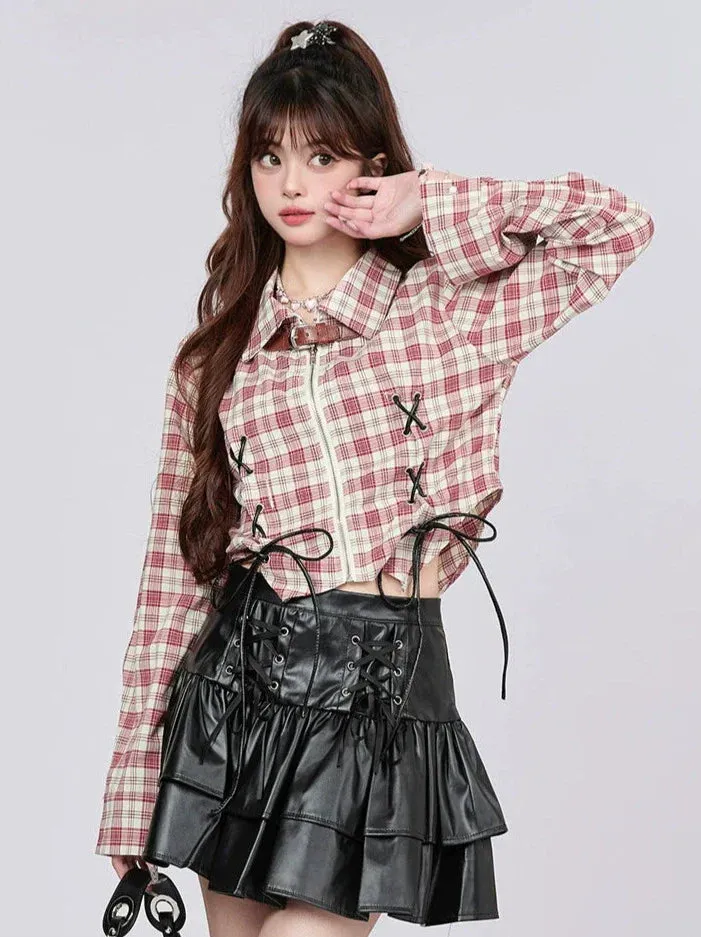 American Check Design Short Shirt Retro Strap
