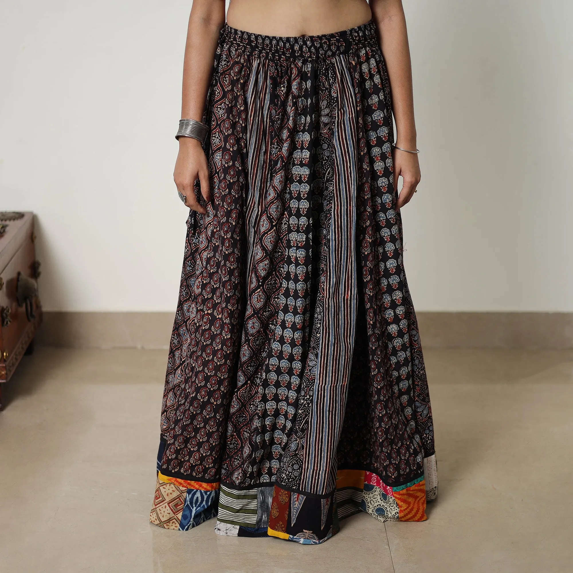 Black - Block Print Cotton 24 Kali Patchwork Ajrakh Long Skirt 06