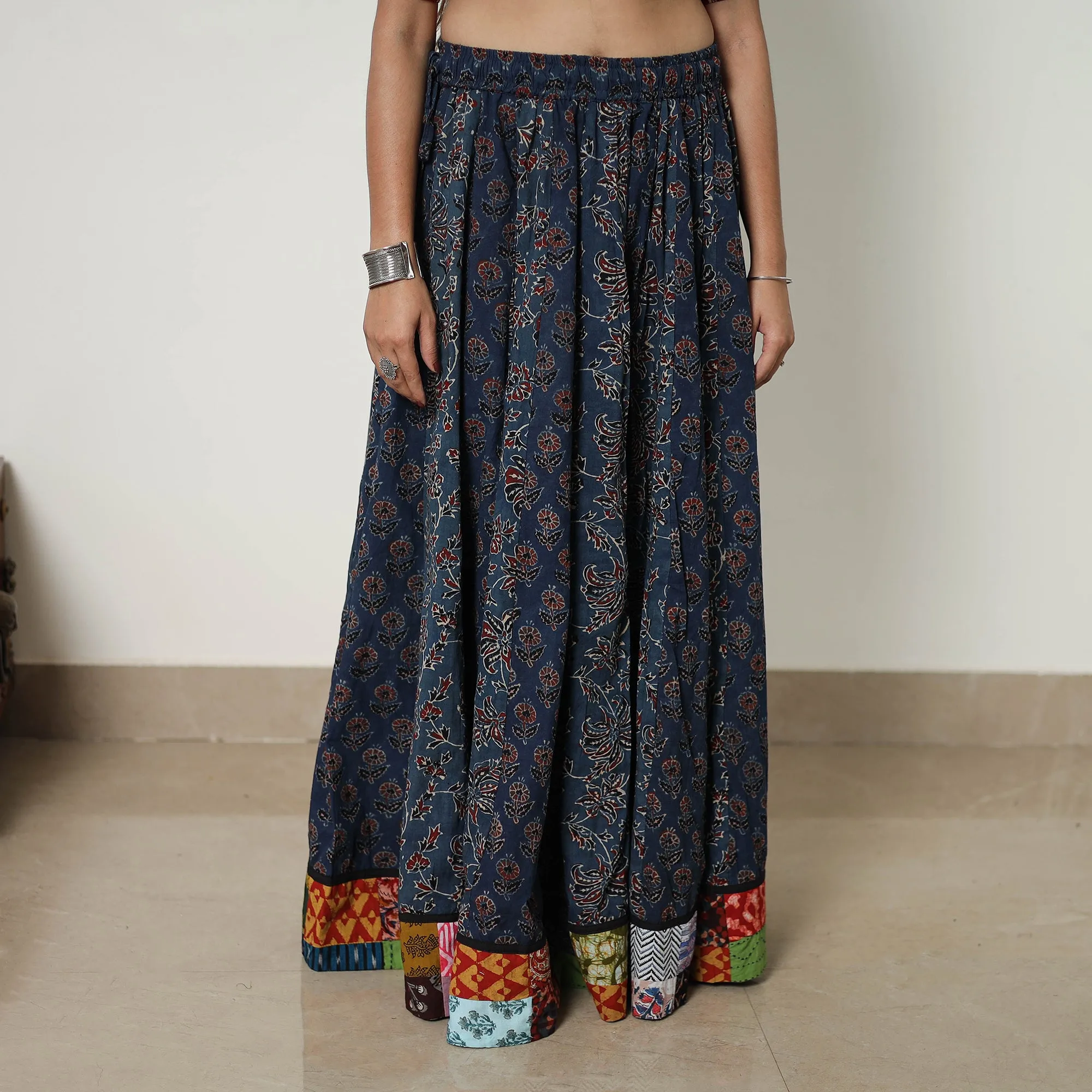 Blue - Block Print Cotton 24 Kali Patchwork Ajrakh Long Skirt 18