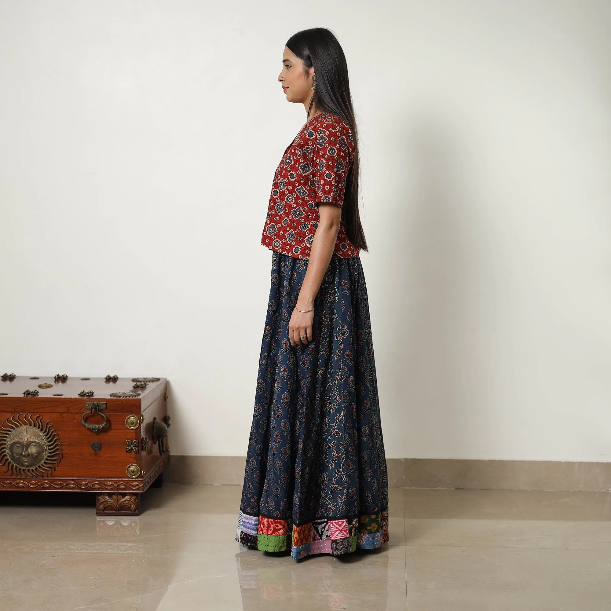 Blue - Block Print Cotton 24 Kali Patchwork Ajrakh Long Skirt 18