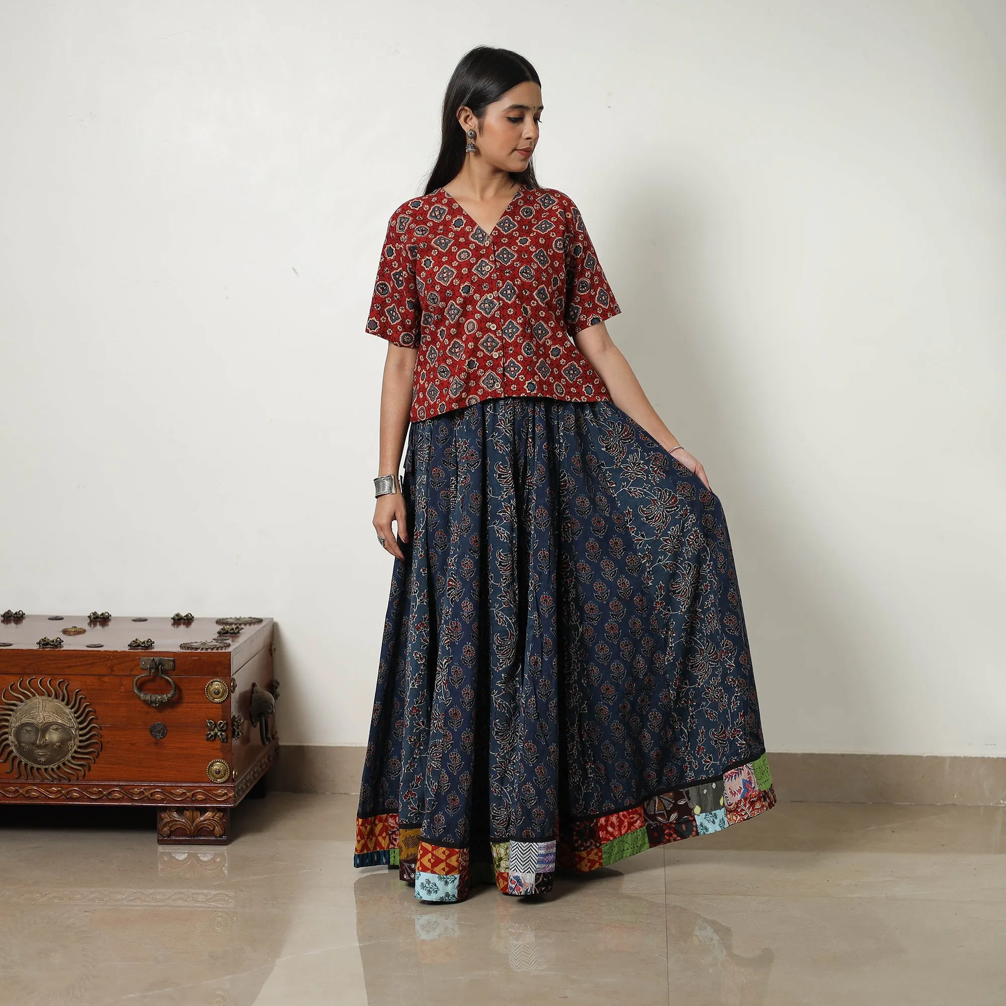 Blue - Block Print Cotton 24 Kali Patchwork Ajrakh Long Skirt 18