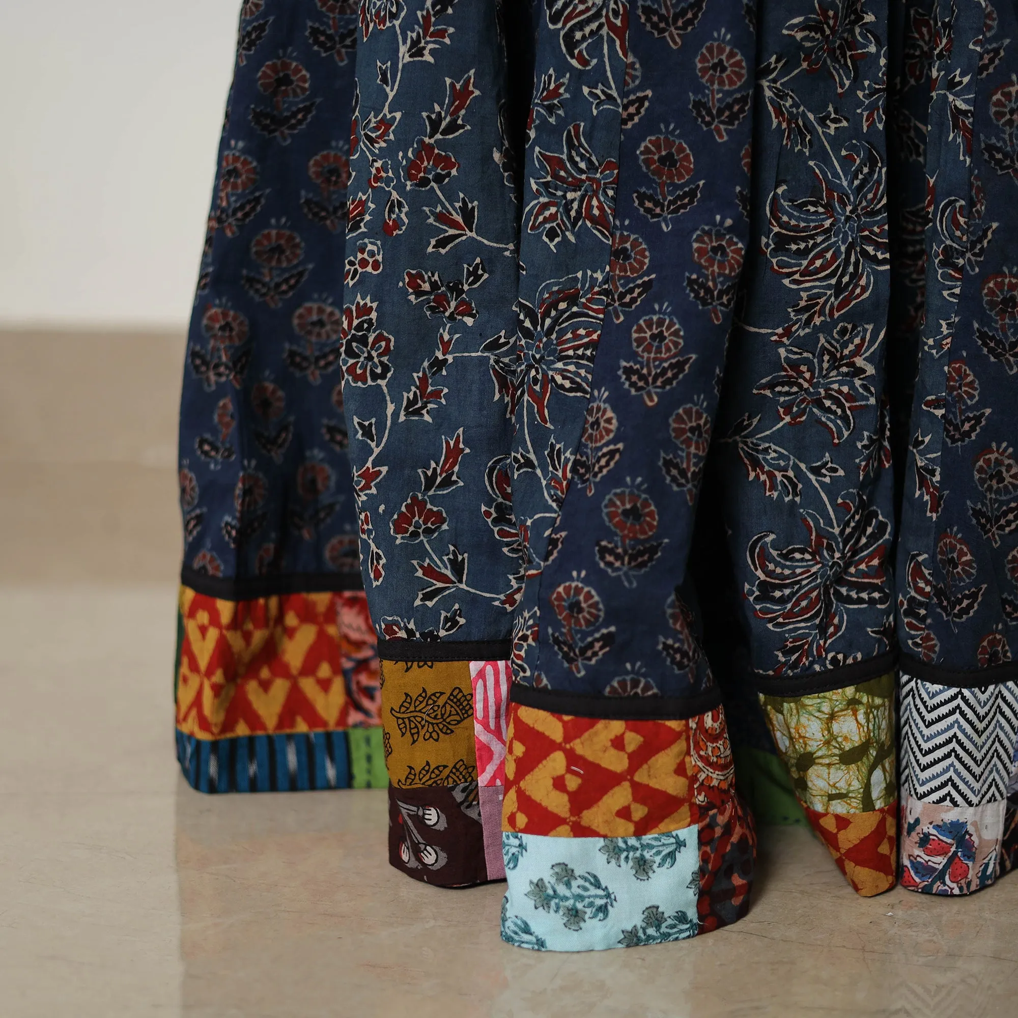 Blue - Block Print Cotton 24 Kali Patchwork Ajrakh Long Skirt 18