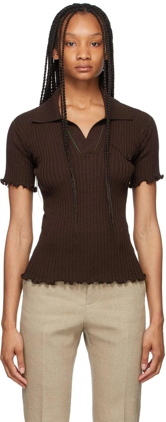 Bottega Veneta Brown Lightweight Rib Knit Polo