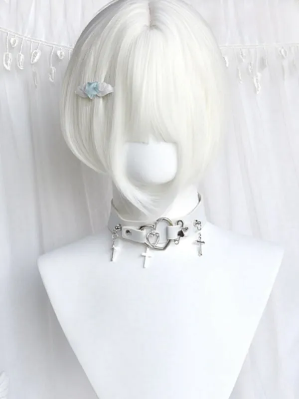 Creamy White Short Bob Cut Wig With Bangs＋Double Ponytail Claw Clips
