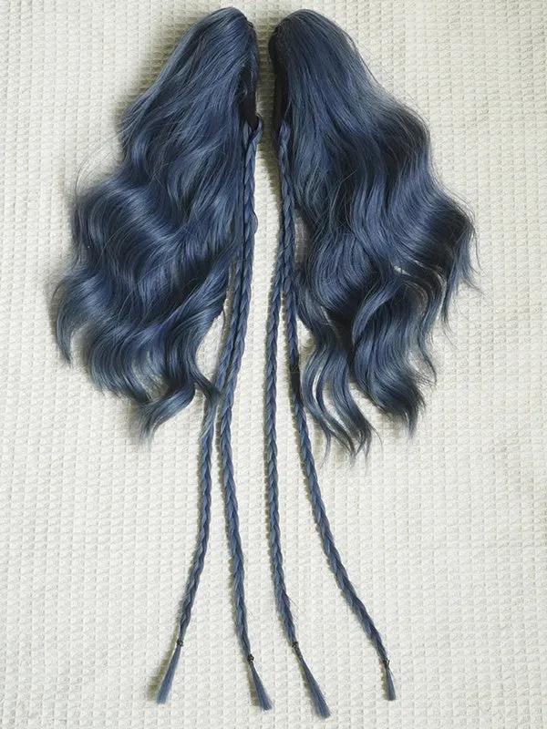 Dusty Blue Bob Cut Short Wig With Bangs＋Double Wavy Ponytail Claw Clips