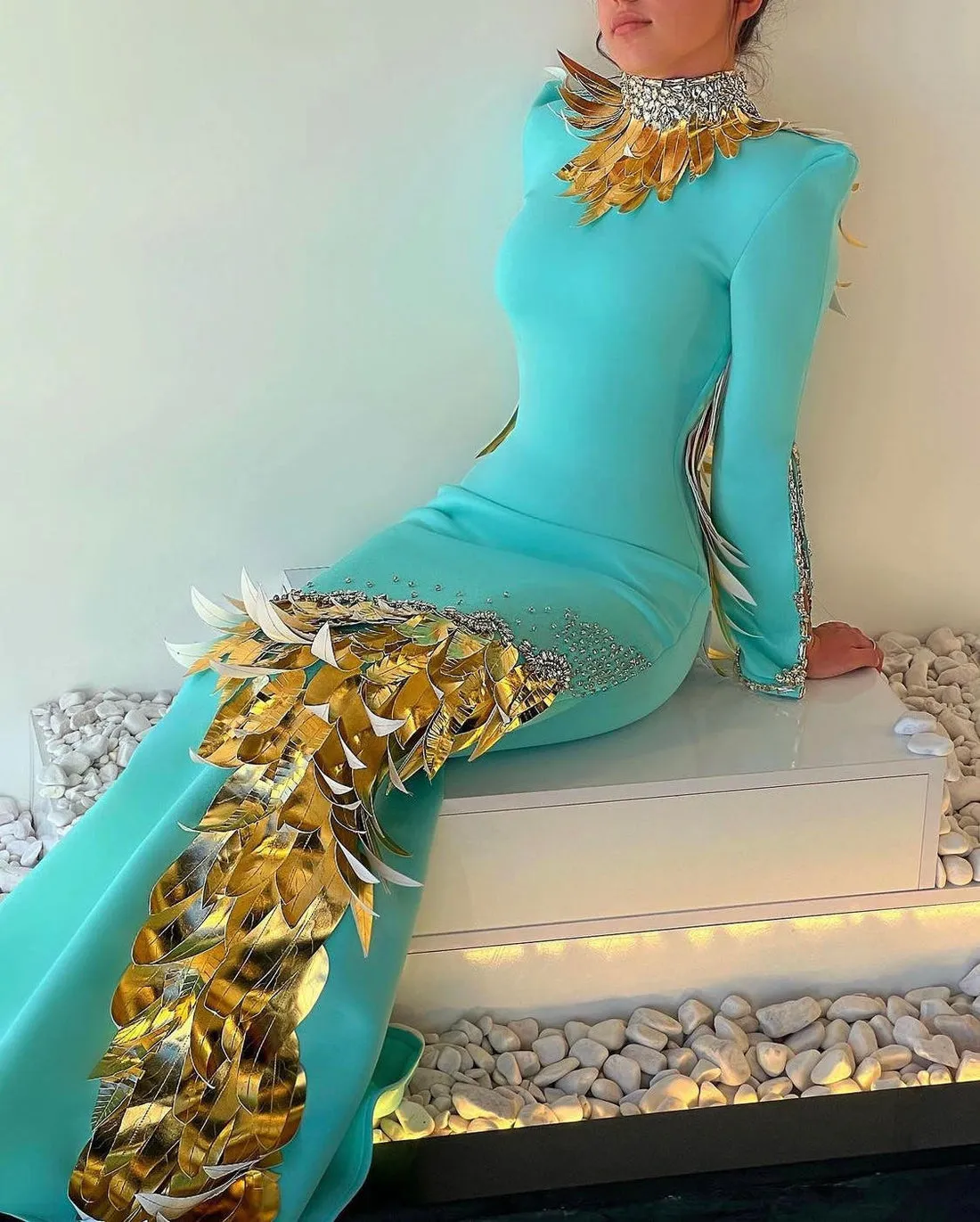 Karsyn Long High Neck Blue Gold Evening Dress