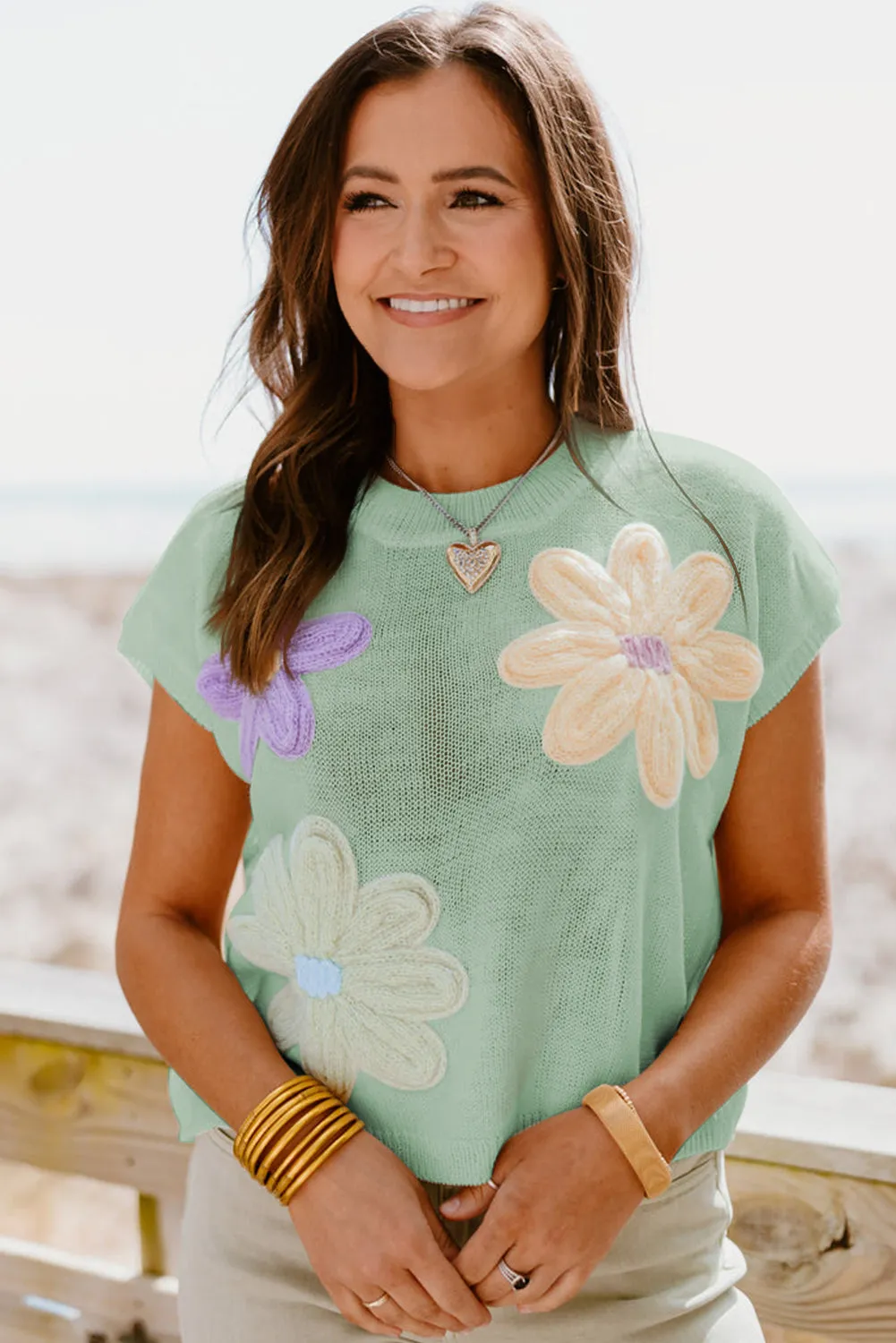 Multi Crochet Flower Knit Short Sleeve Sweater Tops