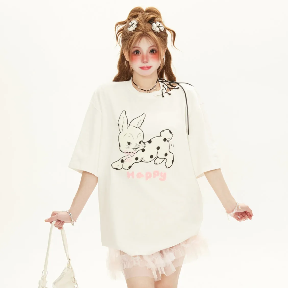 Playful Rabbit Embroidered Short Sleeve T-shirt