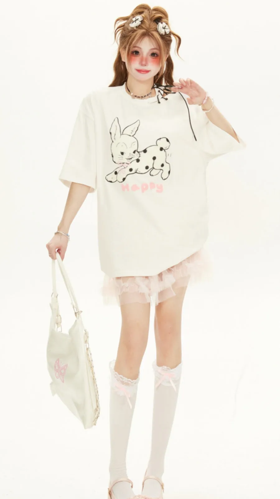 Playful Rabbit Embroidered Short Sleeve T-shirt