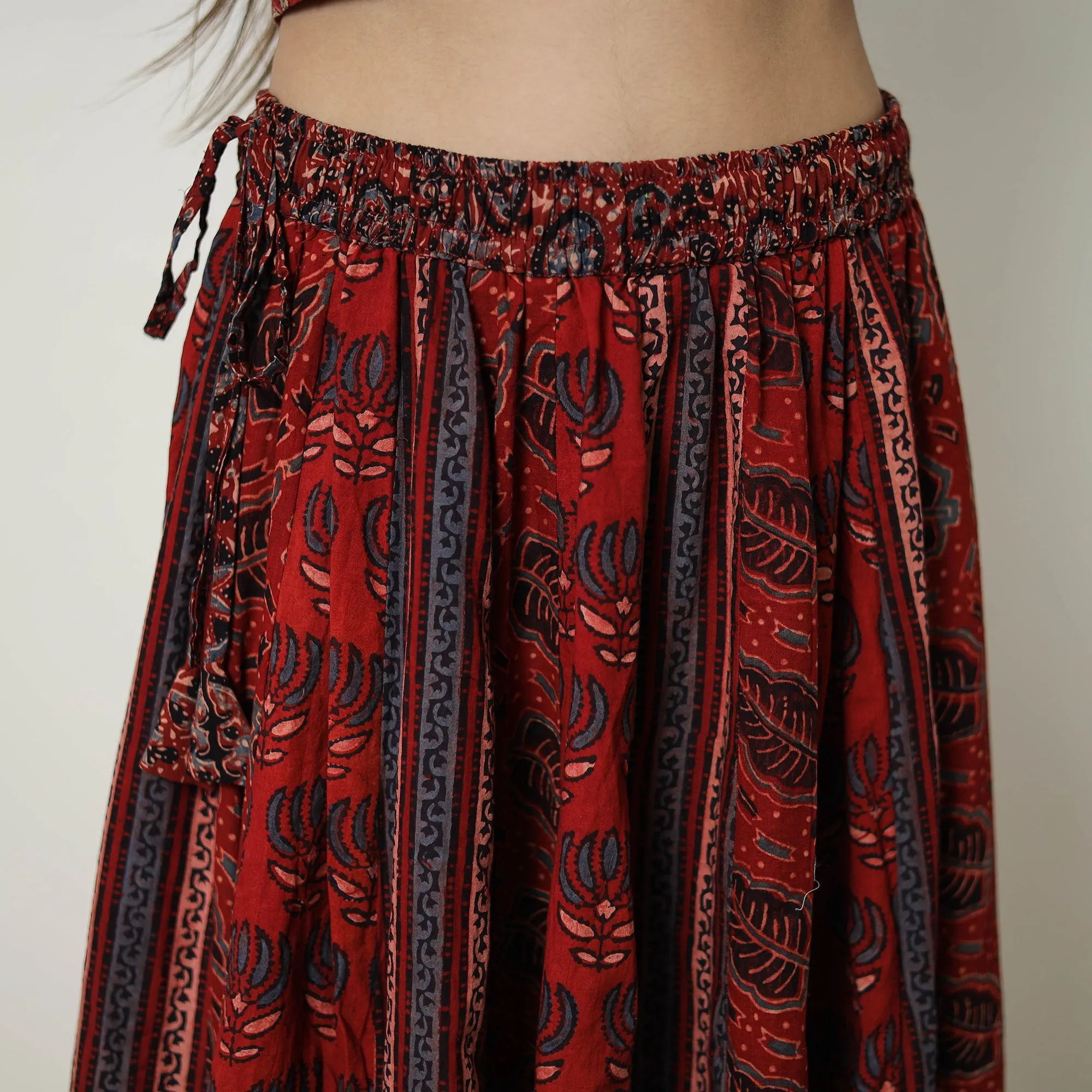 Red - Block Print Cotton 24 Kali Patchwork Ajrakh Long Skirt 11