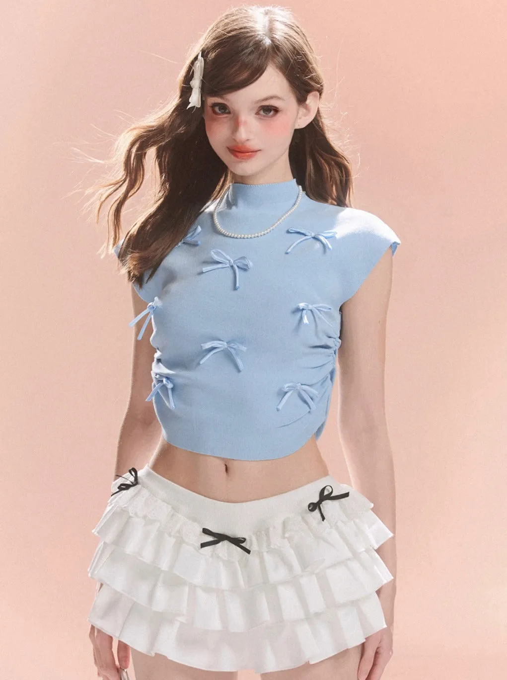 Short Collar Sweet Ribbon Top Little