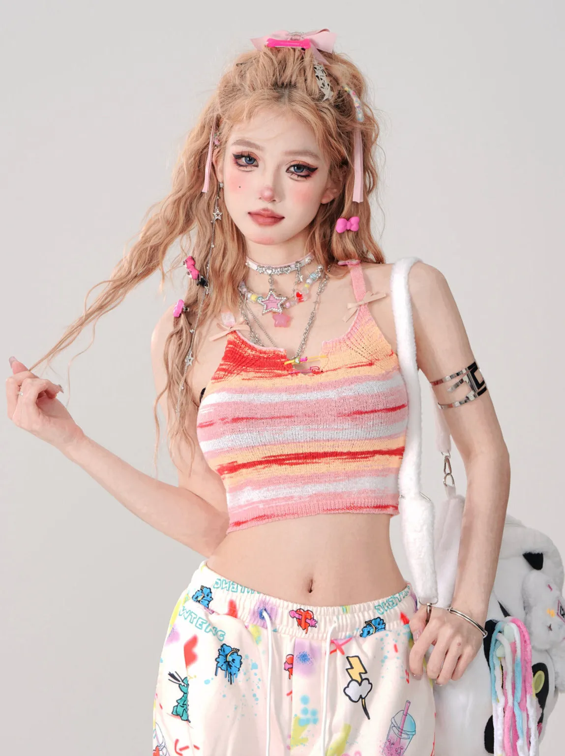Top Girly Suspender Knit Short Cami Colorful