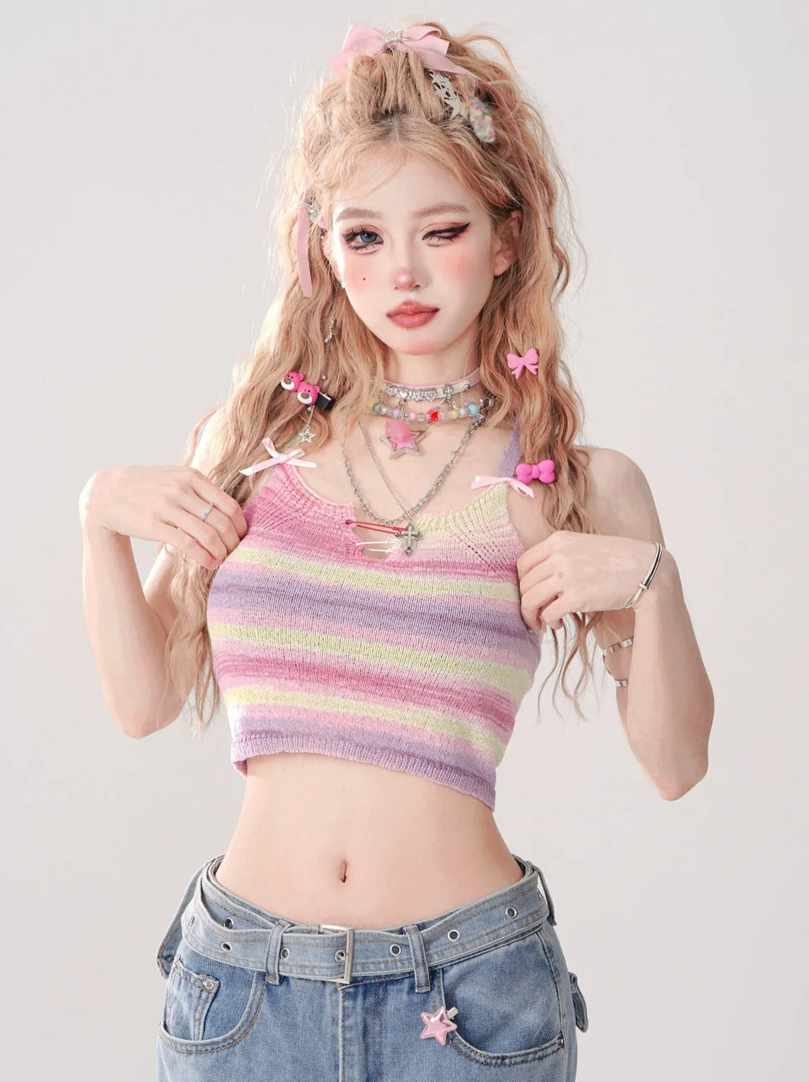 Top Girly Suspender Knit Short Cami Colorful