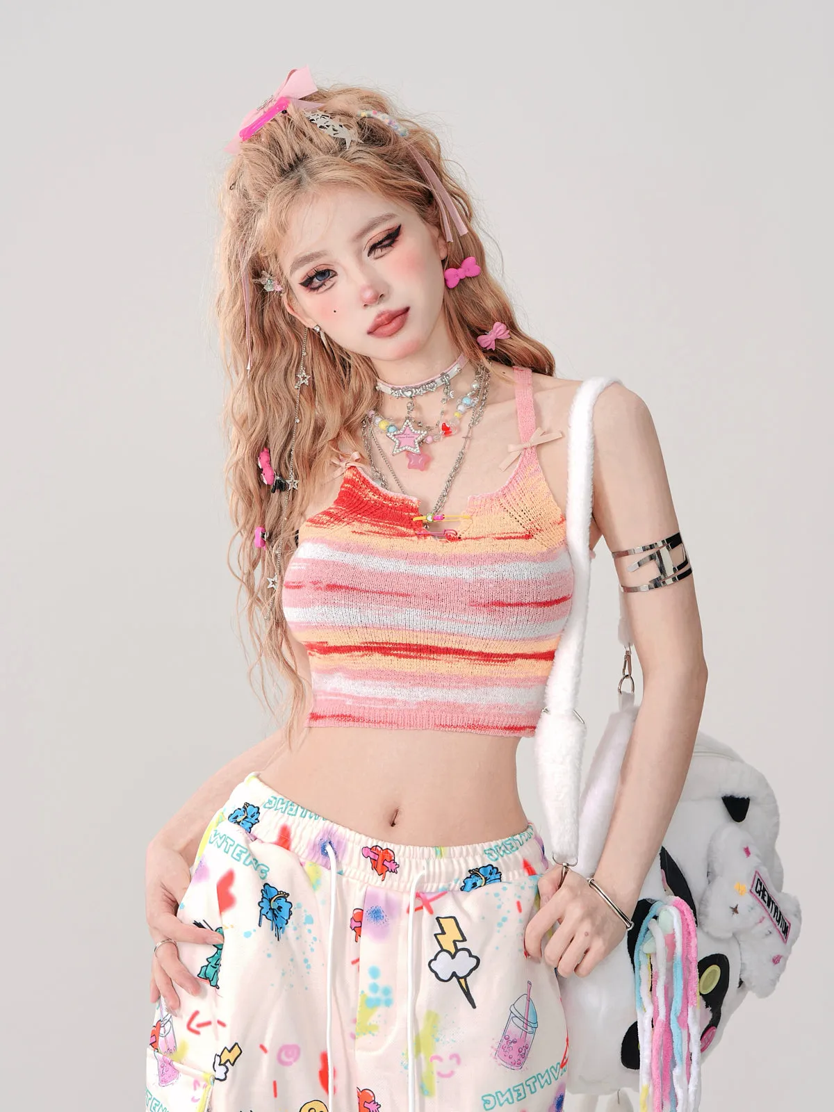 Top Girly Suspender Knit Short Cami Colorful