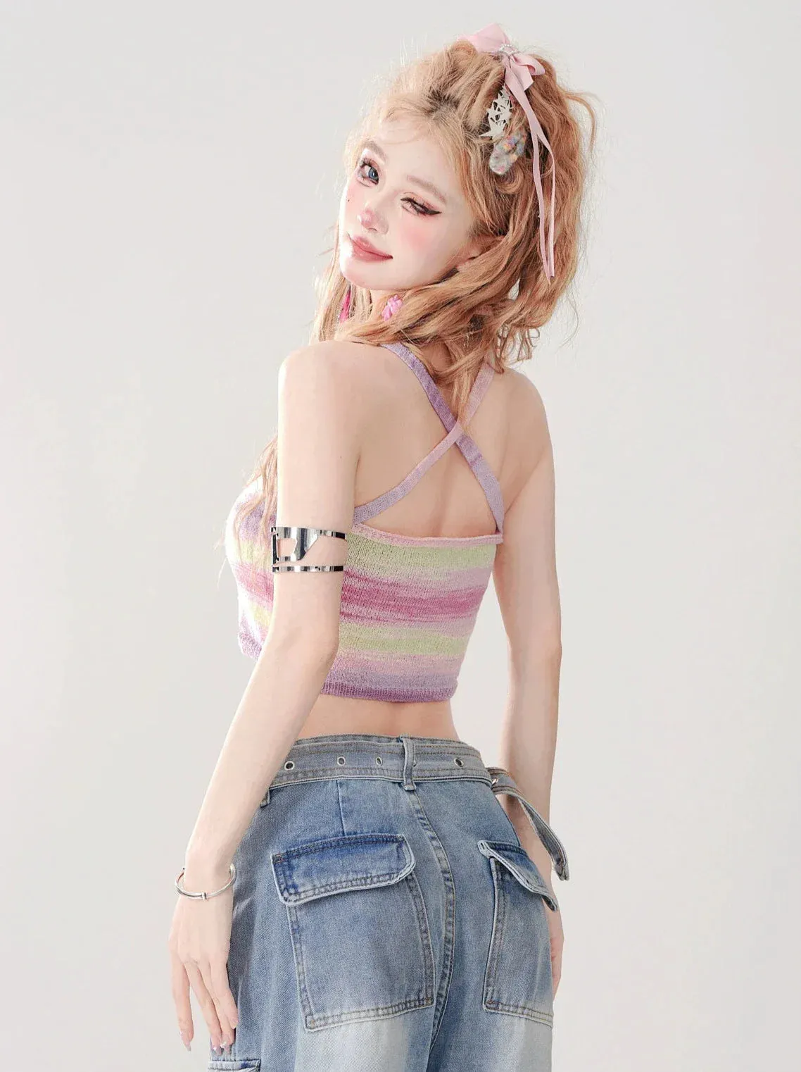 Top Girly Suspender Knit Short Cami Colorful