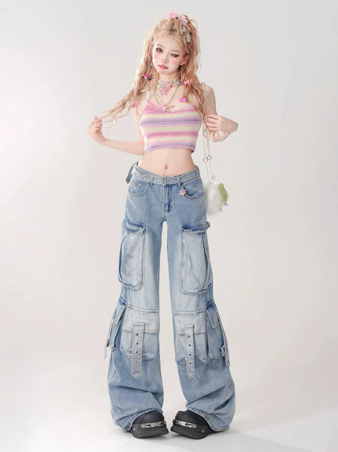 Top Girly Suspender Knit Short Cami Colorful