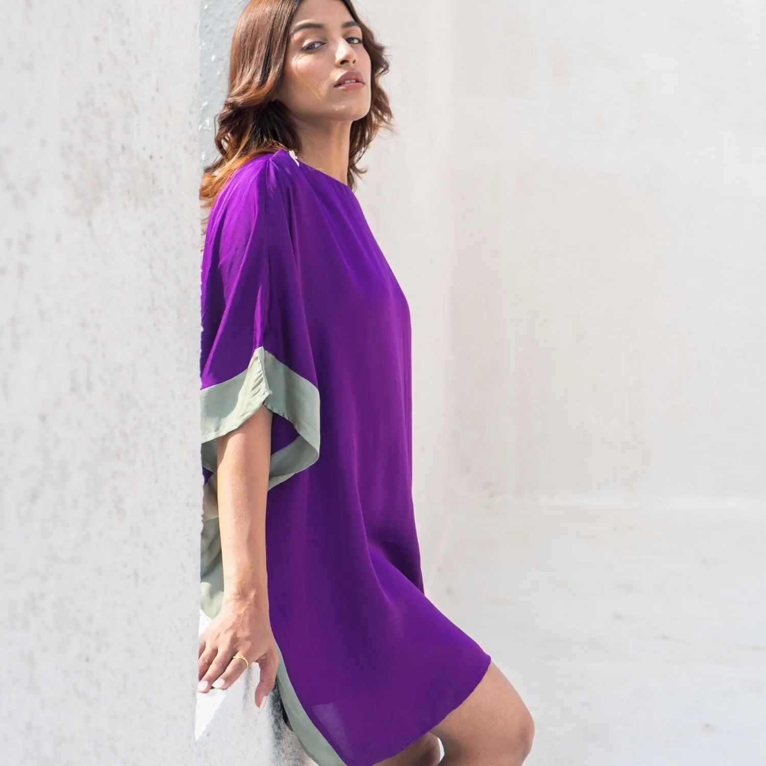 Vibrant Purple-Green Short Kaftan Dress | Modal | Casual Wear