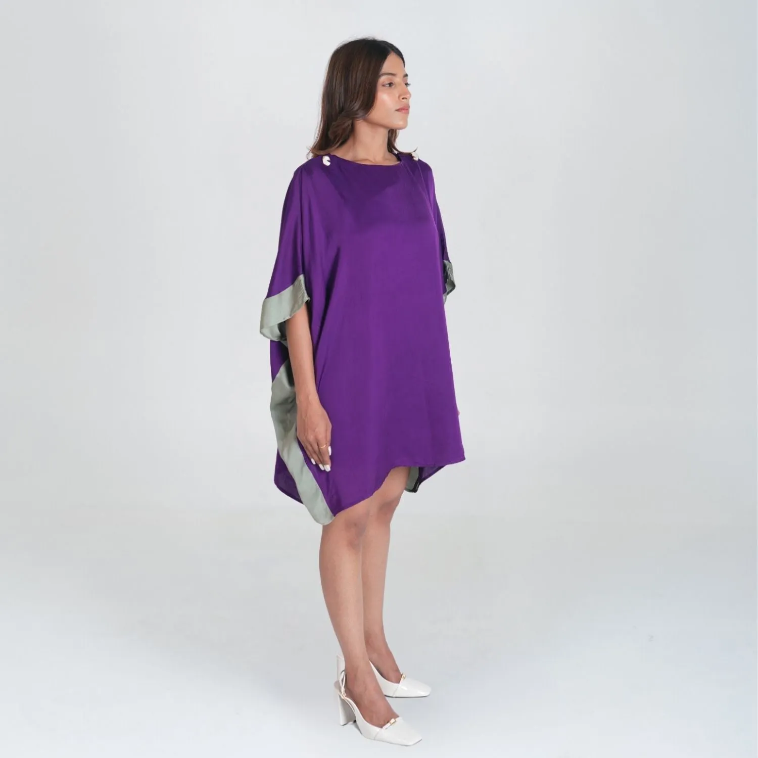 Vibrant Purple-Green Short Kaftan Dress | Modal | Casual Wear