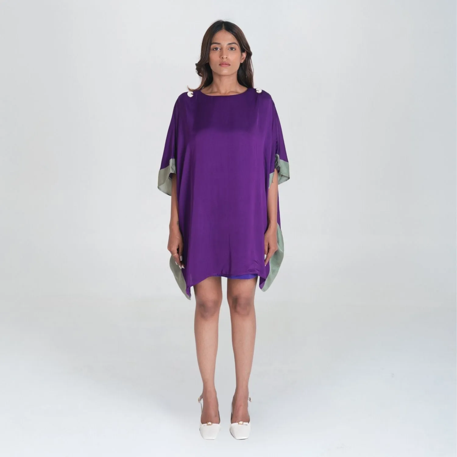 Vibrant Purple-Green Short Kaftan Dress | Modal | Casual Wear