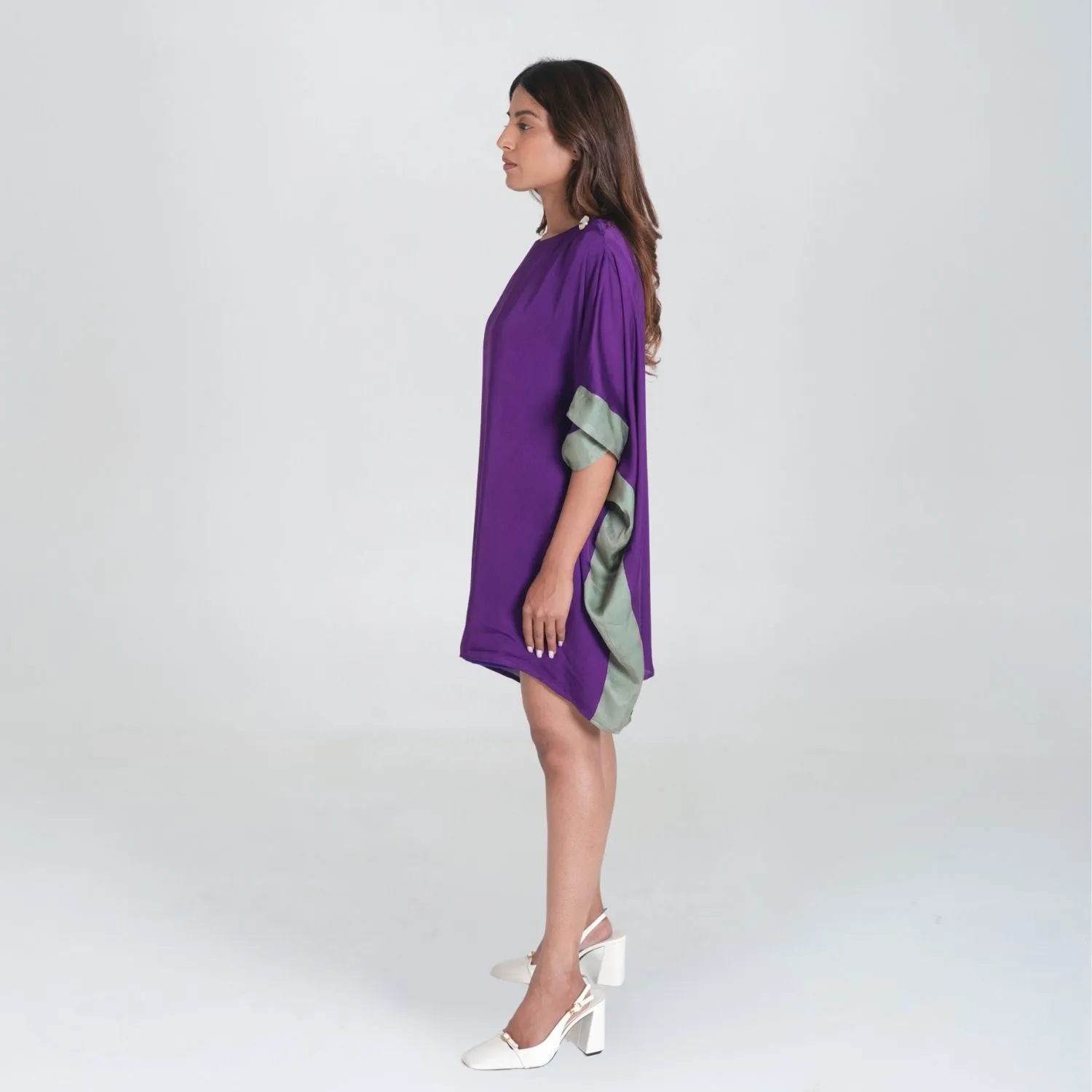 Vibrant Purple-Green Short Kaftan Dress | Modal | Casual Wear