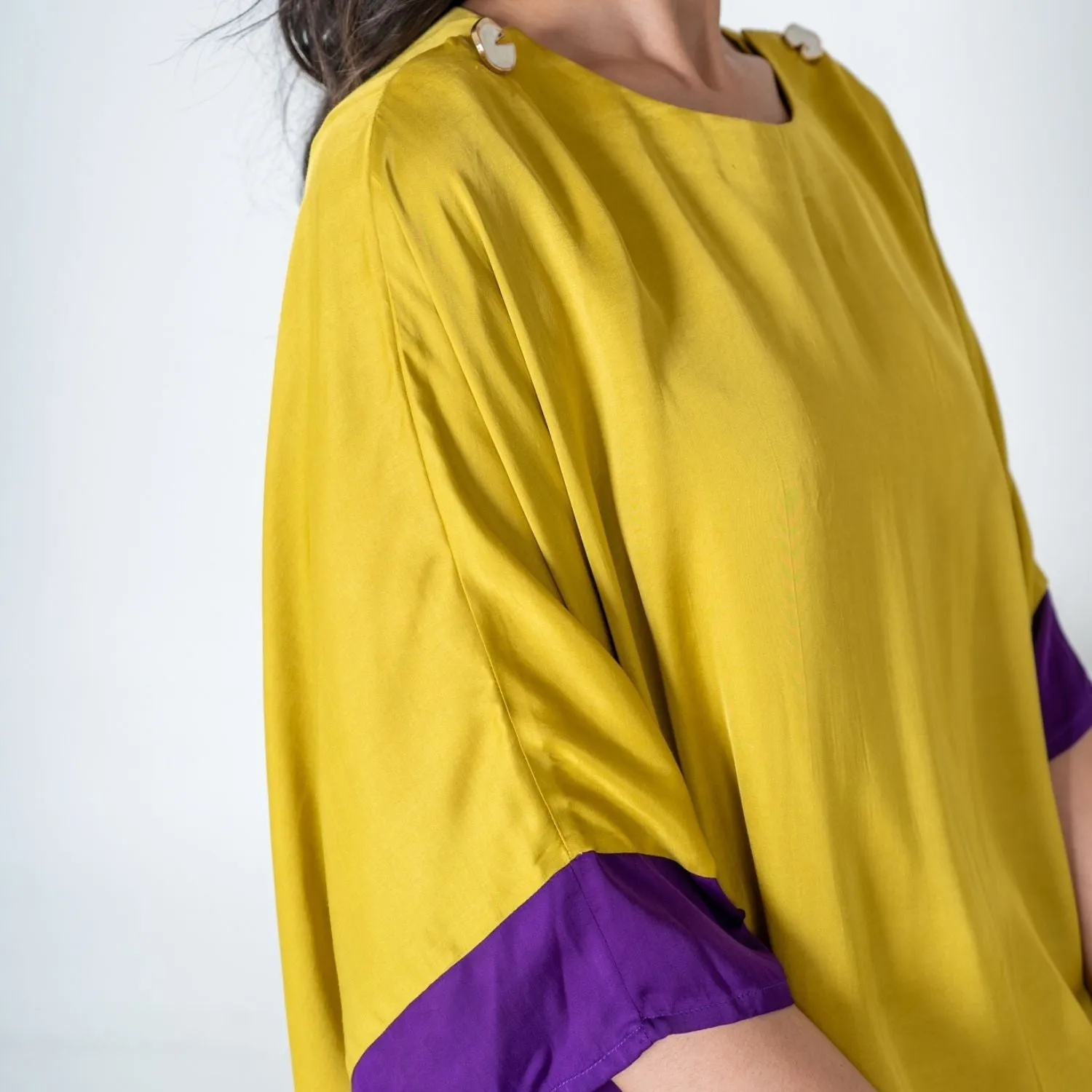 Vibrant Yellow-Purple Short Kaftan Dress | Modal | Stylish Elegance