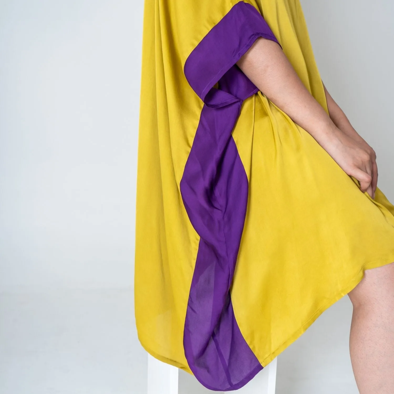 Vibrant Yellow-Purple Short Kaftan Dress | Modal | Stylish Elegance