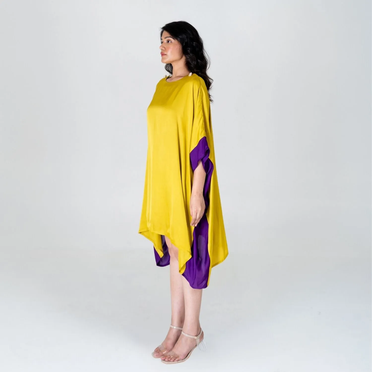 Vibrant Yellow-Purple Short Kaftan Dress | Modal | Stylish Elegance